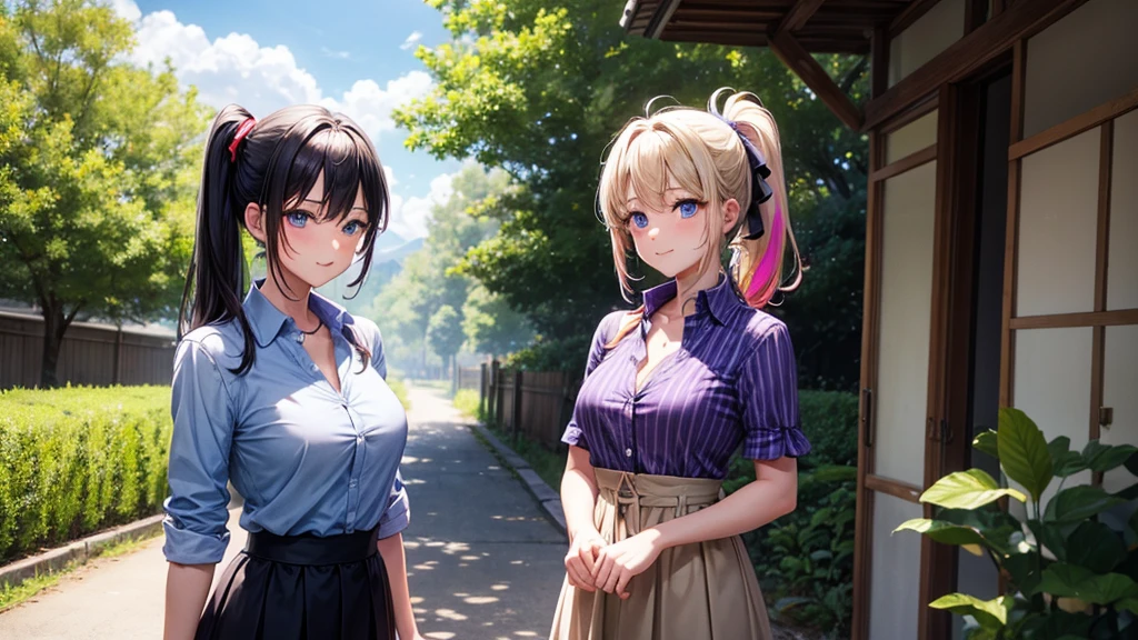 2girls, summer, village, trees, sun, clouds, ((colorful hair)), ponytail, large breasts, button down, blue eyes, ((purple shirt)), ((unbuttoned shirt)), unbuttoning buttons, popping buttons, ((short sleeved shirt)), black mini skirt, brown shoes, grin, looking at the viewer, standing, hair ribbon, cleavage, golden necklate