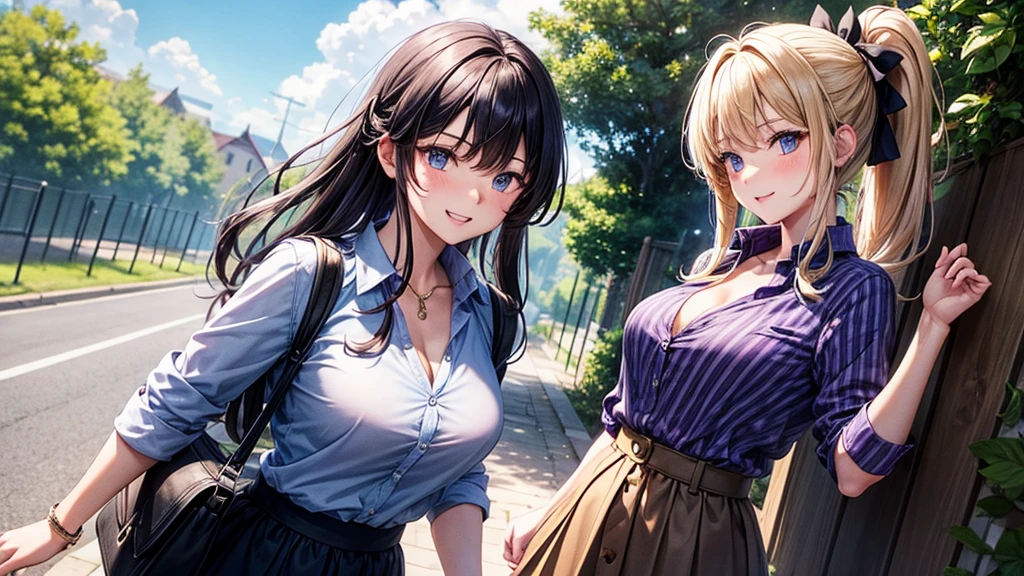 2girls, summer, village, trees, sun, clouds, ((colorful hair)), ponytail, large breasts, button down, blue eyes, ((purple shirt)), ((unbuttoned shirt)), unbuttoning buttons, popping buttons, ((short sleeved shirt)), black mini skirt, brown shoes, grin, looking at the viewer, standing, hair ribbon, cleavage, golden necklate