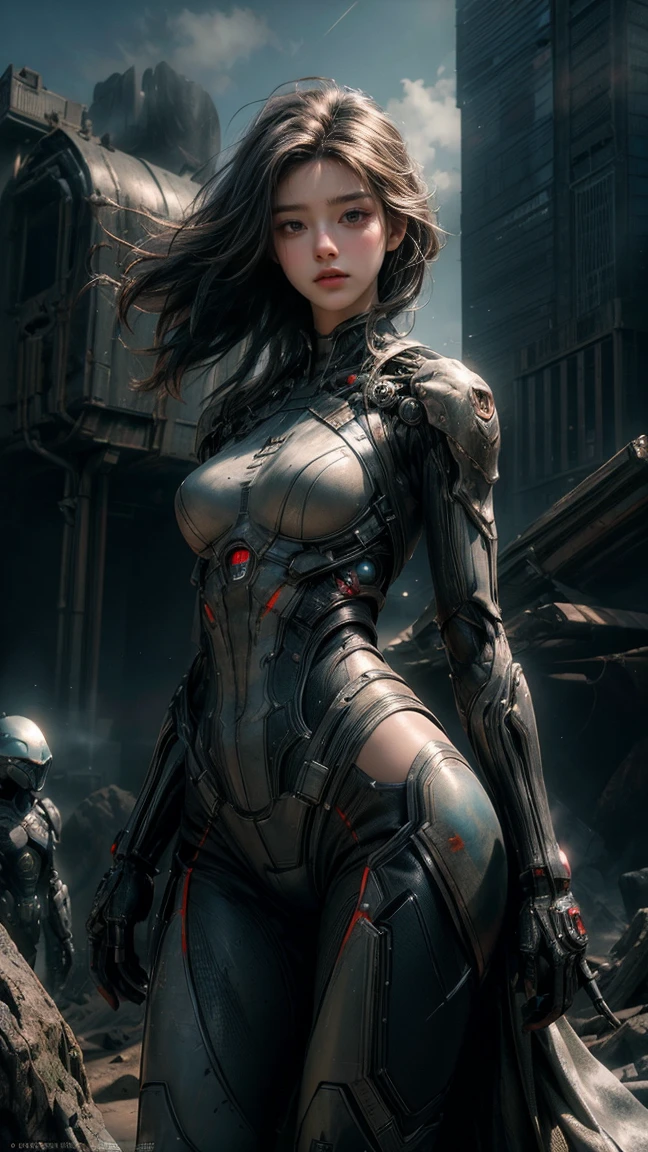 ((masterpiece, highest quality, Highest image quality, High resolution, photorealistic, Raw photo, 8K)), Ultra Wide Angle, Alien Landscap, A female stands next to an Alafedro robot on top of a hill, influenced by Stefan Koidl's background of discarded mechas. The art created by Craig Mullins, specifically in the style of Craig Mullins' Necro, portrays a detailed and futuristic science fiction scene. The emphasis is on SF concept art, with vivid colors and sharp focus. The overall lighting captures the essence of concept art in films,