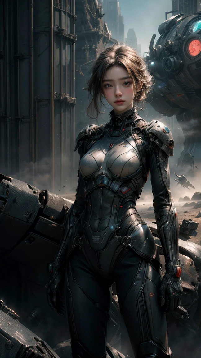 ((masterpiece, highest quality, Highest image quality, High resolution, photorealistic, Raw photo, 8K)), Ultra Wide Angle, Alien Landscap, A female stands next to an Alafedro robot on top of a hill, influenced by Stefan Koidl's background of discarded mechas. The art created by Craig Mullins, specifically in the style of Craig Mullins' Necro, portrays a detailed and futuristic science fiction scene. The emphasis is on SF concept art, with vivid colors and sharp focus. The overall lighting captures the essence of concept art in films,