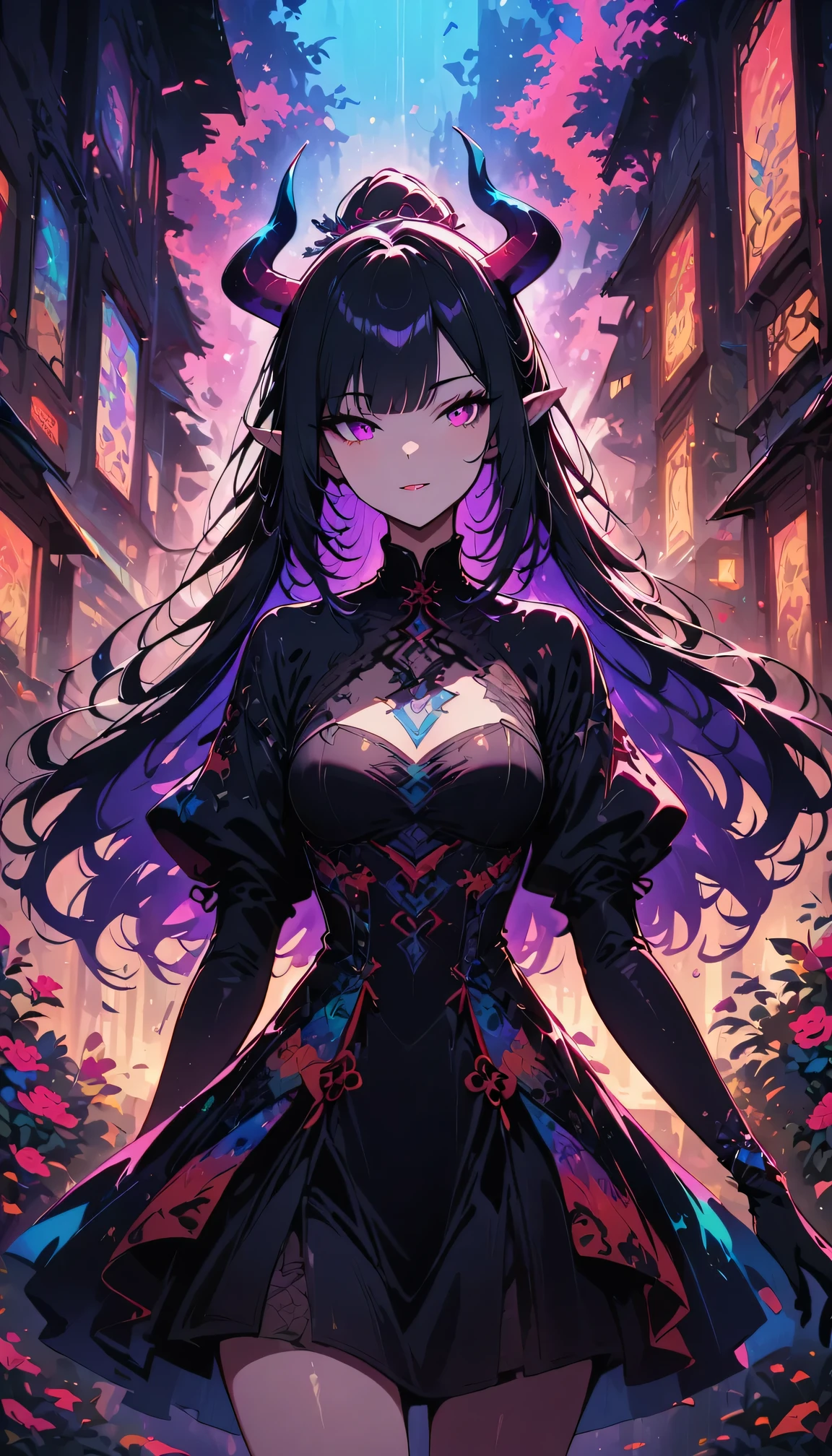 Designed by nty, a woman is, (Albino demon girl standing, long and complex horns:1.2, colorful clothes), intricate details, Colorful background, Abstract,Onmyoji Detailed Art, Oriental traditional art style, beautiful painting style, Ukiyo-style, masterpiece, top quality, best quality, ultra high resolution