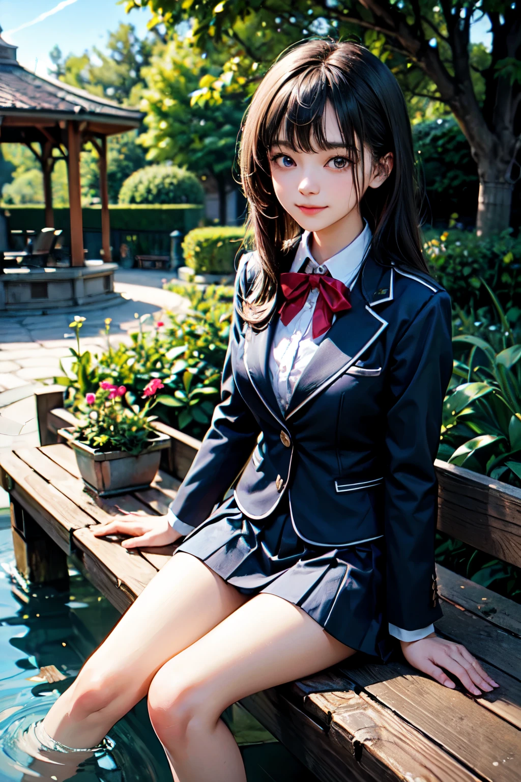 very cute and beautiful school girl,teen,(highly detailed beautiful face),
(smile:1.2),cheerful,looking at viewer,black hair,blazer ,ribbon,pleated navy blue mini skirt,
sitting on wooden bench in elegant gazebo,flower garden,water fountain,forest,
(best quality,masterpiece:1.0),absurdres,highres,ultra-detailed,extremely detailed,32k,8k resolution,
intricate details,cinematic scene,detailed background,solo,dynamic angle,
hair fluttering in the wind,beautiful detailed sky,