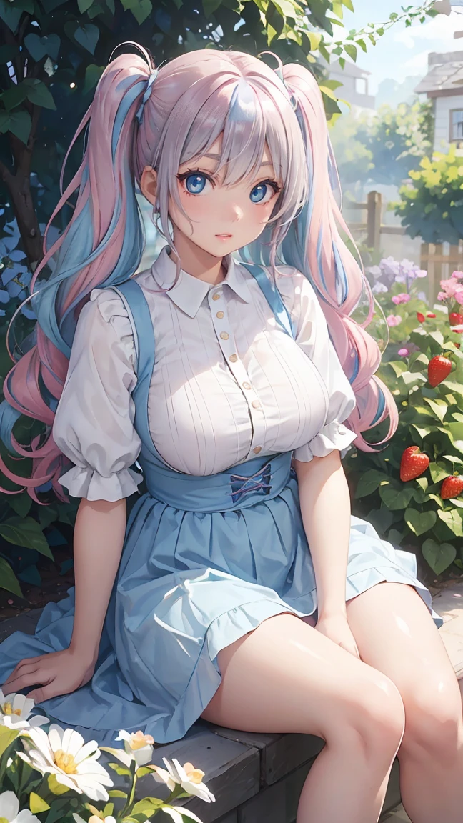 (masterpiece:1.2), (highest quality:1.2),, Curvy but slender body, perfect eyes, perfect face, perfect lighting, 1 girl,(rainbow colored hair, colorful hair, Half blue、half pink hair: 1.2),  in the garden, （shirt），（whole bodyが見える），（transparent silver dress sedan sexy clothes、striped skirt），curly hair, Clothes with short sleeves, strawberry pattern skirt、detailed outdoor background, compensate, eye shadow, small breasts、thick eyelashes, fantasy, looking at the viewer, whole body，alice in wonderland、blue sky、Bright and beautiful face、young shiny glossy white shiny skin、the best beauty、the most beautiful in the world、thin hair、long hair、Shining beautiful bangs、big shining blue eyes、very beautiful and lovely 8 , the most beautiful girl in the world、twin tails、Silver glasses