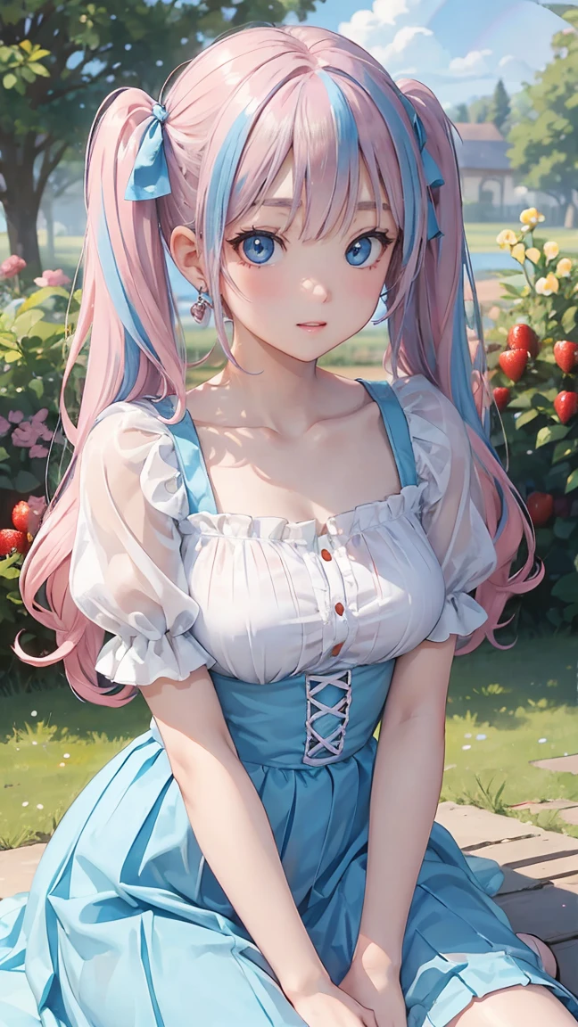 (masterpiece:1.2), (highest quality:1.2),, Curvy but slender body, perfect eyes, perfect face, perfect lighting, 1 girl,(rainbow colored hair, colorful hair, Half blue、half pink hair: 1.2),  in the garden, （shirt），（whole bodyが見える），（transparent silver dress sedan sexy clothes、striped skirt），curly hair, Clothes with short sleeves, strawberry pattern skirt、detailed outdoor background, compensate, eye shadow, small breasts、thick eyelashes, fantasy, looking at the viewer, whole body，alice in wonderland、blue sky、Bright and beautiful face、young shiny glossy white shiny skin、the best beauty、the most beautiful in the world、thin hair、long hair、Shining beautiful bangs、big shining blue eyes、very beautiful and lovely 8 , the most beautiful girl in the world、twin tails、Silver glasses