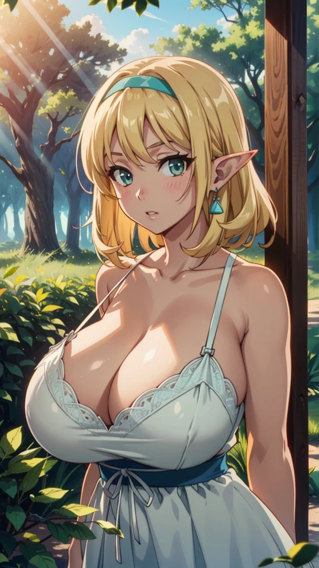 extreme quality, cg, detailed face+eye, (bright colors), (anime), 1 female, impact, (sensual), goddess, time stops, fantasy, (goblin), (huge breasts:1.4), pointy ears, beautiful jewelry, cloud, long curly ash blonde hair, (soft headband), masterpiece, Top Tier, luxurious, 8K, unity wallpaper, unreal engine 5, ray tracing, 8K, cinematic, various depth of field, octane rendering, elegant, tone mapping, hyperfocus, parted lips, turn your arms behind your back, dappled sunlight, (spring), nature, white sundress, upper body photo, (sunrise), Curvaceous, (mint green eye), horizon, beautiful scenery, deep cleavage, wood, looking at the viewer, (forest),