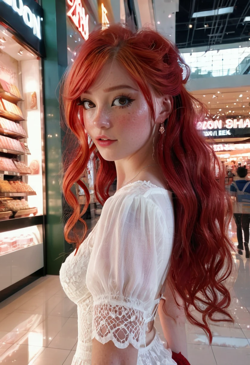 1 girl, full body back with details on the back walking in a shopping mall details, red hair fantasy very long very long slightly curly, vintage clothes lol jinx style, intricate details, stareye, blush, perfect lighting, fancy red hair, red eyes, unreal engine, side lighting, diamond type face full of freckles detailed, bangs, shiny skin, simple background, Dark background, well-centered photo in hyper realistic 8K closeup