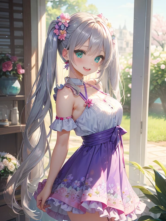 眼鏡のをしている小さなgirl、The arrival of spring、big butt、 (alone:1.5,)Super detailed,bright colors, very beautiful detailed anime face and eyes, look straight, ;d, shiny_skin,girl, ((silver long hair,Inner color is red 、forehead is exposed.、green eyes、、shiny hair, delicate beautiful face, blush、(turquoise eyes), White skin, Valletta, earrings,、blue flower field、(((floral pink ruffle dress、purple mini skirt)))、twin tails、smile、happy face、face dyed red