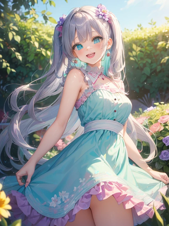 眼鏡のをしている小さなgirl、The arrival of spring、big butt、 (alone:1.5,)Super detailed,bright colors, very beautiful detailed anime face and eyes, look straight, ;d, shiny_skin,girl, ((silver long hair,Inner color is red 、forehead is exposed.、green eyes、、shiny hair, delicate beautiful face, blush、(turquoise eyes), White skin, Valletta, earrings,、blue flower field、(((floral pink ruffle dress、purple mini skirt)))、twin tails、smile、happy face、face dyed red