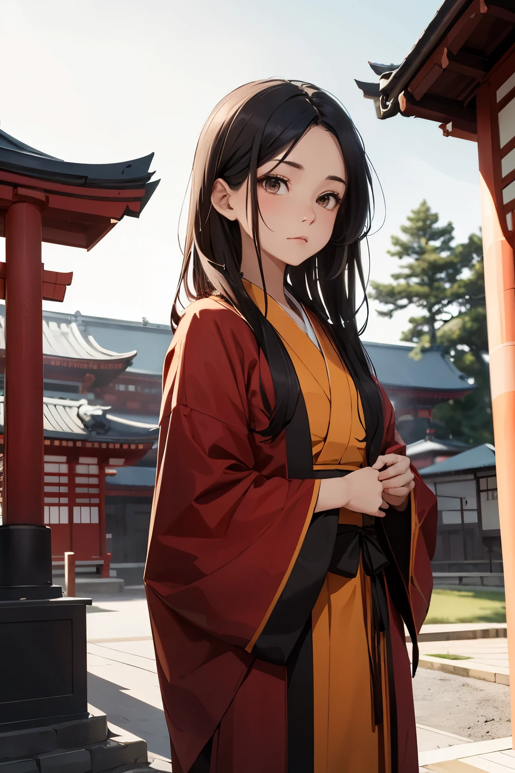 girl 20 years old, Long black hair, red robe and orange collar, Japanese temple in the background, calm face, Possesses fire magic