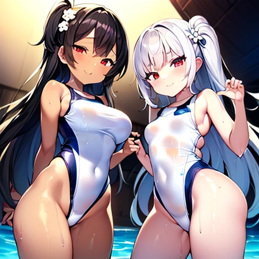 outrageous solution、table top++,highest quality++,super clear++, super clear++,4k++,8K++,(background focus)++, 、very detailed, Viewer's perspective、((Dark-skinned girl on a tropical sandy beach))++, ((twin girls)),(((squat with legs spread)))+++、((((White micro swimsuit)))++++,(((black skin)))+++,(((hair ornaments)))++++,((White micro swimsuit))++,((sexy tattoo dark skin))++,(花のhair ornaments) +,(clear eyes)、(gray hair),(red eyes)、(long haired person)、(straight hair)、(small breasts)、(super shiny hair and skin), (sunlight),((beautiful)), sweaty body,dynamism, lively smile, perfect eyes, perfect hands, perfect nose, magic battle dark, bright atmosphere, (wet effect) +, (light effect), (cinematic light) + ,big and full breasts