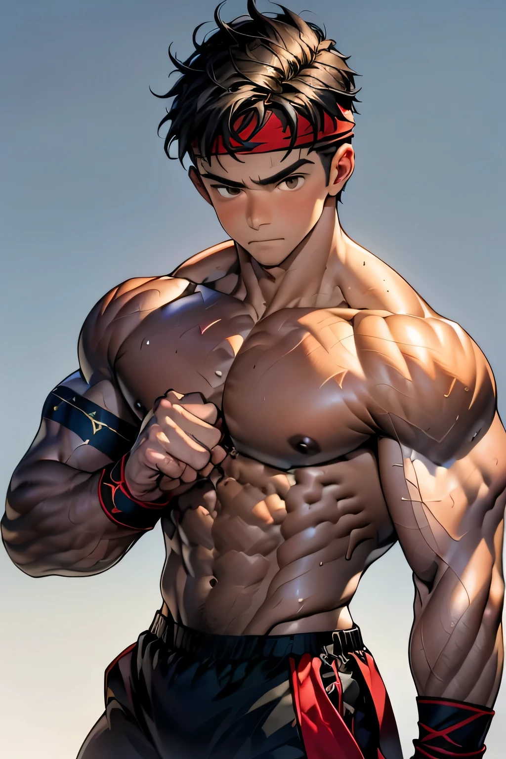 (Masterpiece, Best quality 19 year old boy, simple background, cowboy shot), solo, Young, boy, muscler, Shirtless, topless, (Dark Short straight hair, under cut, brown eyes), (red headband, ((black wristband))), Vivid colors, (hot Abs:1.1, abs!, big abs, big breast:1.1, chest!, muscler upper arms), (topless male), closed mouth, serious, muscler!, muscler body, Man with martial arts stance, (aura power:1.4), detailed face, detailed muscle, He is surrounded by a magical turquoise aura.