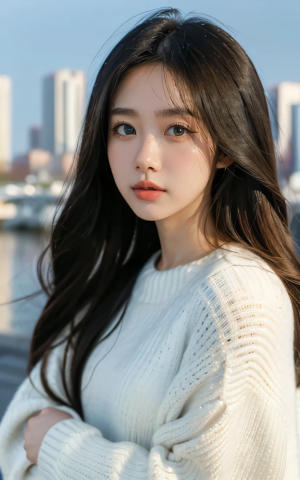 Araped image of a woman wearing a white sweater with a cityscape in the front background, girl cute face, Beautiful Japanese woman face, With hair down to your shoulders, Smooth Portraits 8K, produce: Torii Kiyomoto, portrait of japanese teenager, young cute white asian face, japanese cartoon movies. soft lighting, beautiful asian girl, beautiful portrait image