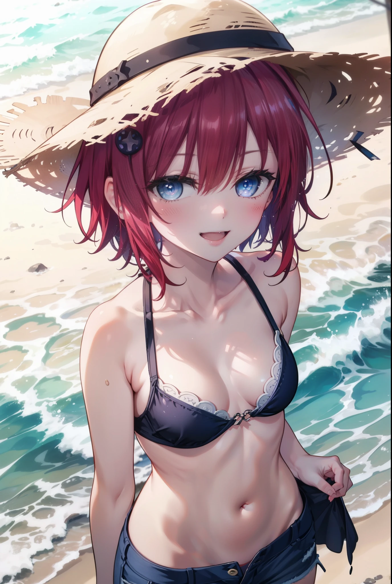 (masterpiece, highest quality:1.2),shape,8K,hd,kurosaki  mea,cowboy shot,whole bodyがイラストに入るように,1 girl,happy smile, smile, open your mouth,Red Hair Long Hair,whole body,Upper body,(portrait:1.2),hair ornaments,smile,belly button,purple eyes,,small breasts,bikini swimwear,short denim pants,barefoot,straw hat,barefoot,sandy beach,Light of the sun,palm tree sea,beach,(masterpiece:1.2), highest quality, High resolution, unity 8K wallpaper, (shape:0.8), (beautiful and detailed eyes:1.6), highly detailed face, perfect lighting, Very detailed CG, (perfect hands, perfect anatomy),