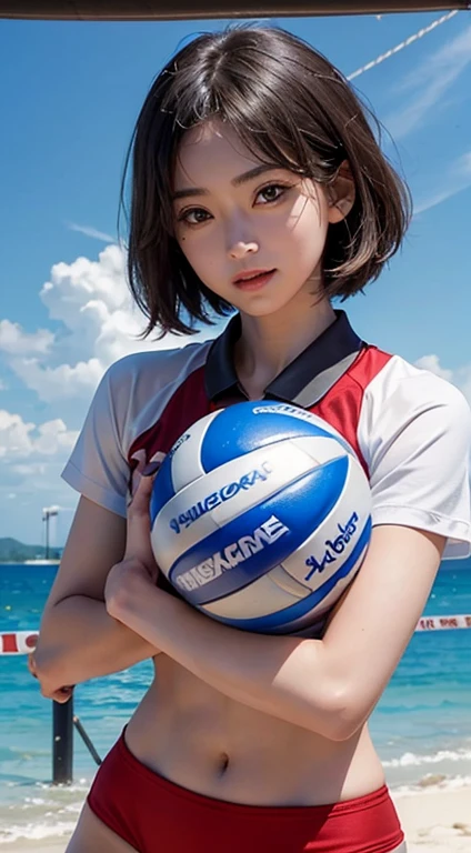 (Close-up:1.4)、(RAW photo:1.2)、(Photoreal:1.4)、(masterpiece:1.3)、(highest quality:1.4)、(beautiful woman with perfect body:1.4)、young japanese woman、solo、(cute:1.2)、(full body shot)、(medium breasts:1.3)、beautiful breasts、A smile full of happiness、(Separate volleyball sexy uniform:1.3)、(beautiful detailed eyes)、(charming big eyes)、(beautiful double eyelids)、(Beautiful and dense face)、(short hair:1.2)、(beautiful little ass)、sweating、excited look、volleyball player、cowboy shot、volleyball in hand、look back、beach volleyball、volleyball court、sexy pose、21 years old, 7 years old, beautiful woman
