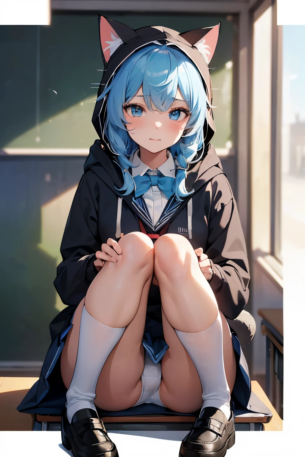 1 girl, , UHD, retina, masterpiece, Accurate, anatomically correct, rough skin, Super detailed, advanced details, high quality, Award history, 最high quality, High resolution, hd, 4k,(anime,8K,masterpiece, high quality, high quality,beautiful and aesthetic:1.2,professional illustration:1.1,Super detailed:1.3,perfect lighting),very detailed,most detailed,High resolution,cute pose,embarrassing,light blue hair,classroom,(wear uniform inside:1.5),(school uniform:1.9),black hoodie,(Hoodie with cat ear hood:1.5),(open clothes:1.5),(knees up:1.5),(white underwear:1.5),hiding shyness,embarrassed,hide your face with your hands