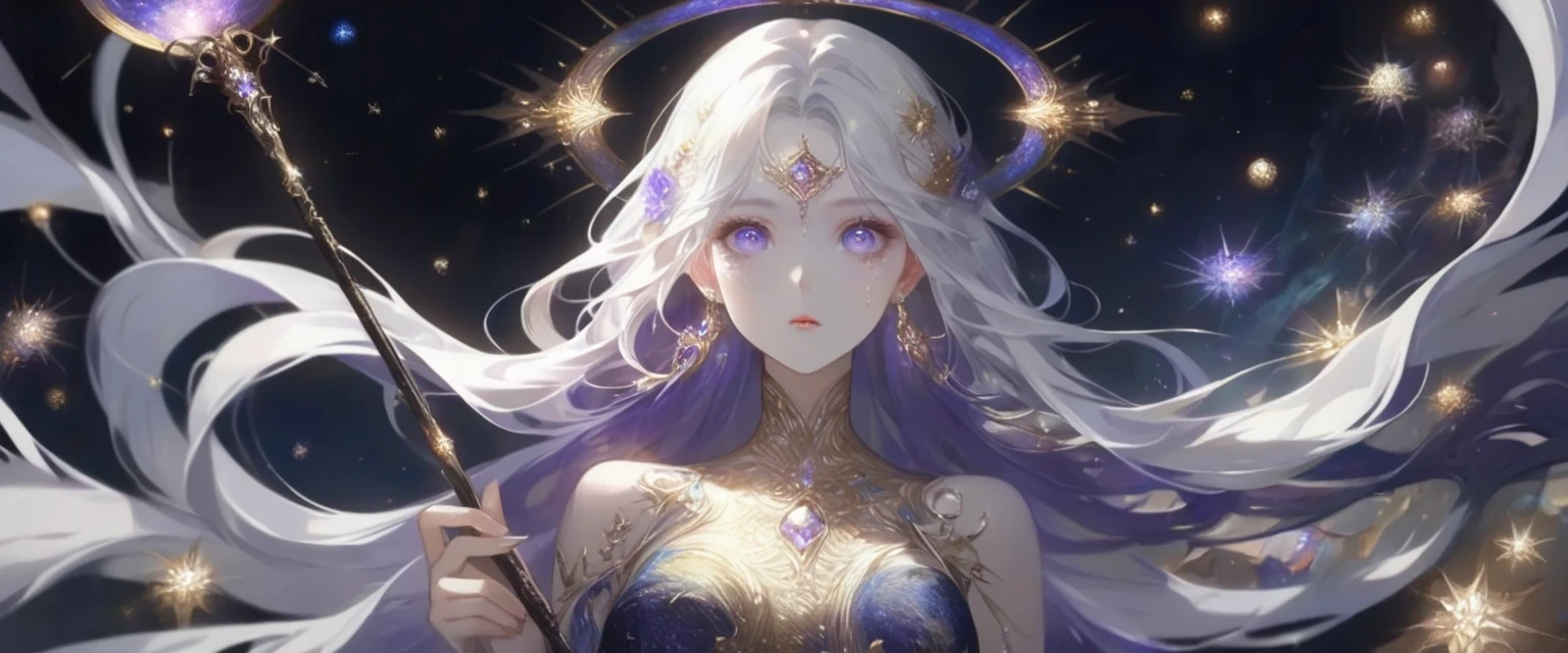 A girl with a mesmerizing stare, her eyes filled with shimmering galaxies. She stands tall under a midnight sky, surrounded by twinkling stars. Her long flowing hair cascades down her back like a waterfall of stardust. The girl wears an elegant gown that reflects the colors of the universe, with intricate patterns of constellations and planets. She holds a wand made of pure starlight, emitting a soft, ethereal glow. The girl exudes confidence and grace, as if she possesses the power of the cosmos. The artwork is a masterpiece, meticulously crafted with attention to every detail. The colors are vibrant and vivid, contrasting against the darkness of space. The lighting is perfectly balanced, casting a soft glow on the girl's face and illuminating the intricate details of her surroundings. The image is ultra-detailed, capturing every delicate brushstroke and creating a sense of realism. The overall art style is a mix of fantasy and realism, with a touch of surrealism. The color palette is filled with deep blues, purples, and hints of gold, creating a dreamlike atmosphere. The girl's expression is serene and enigmatic, leaving the viewer captivated and intrigued. This prompt ensures the creation of a high-quality, exquisite artwork depicting a captivating girl under the mystical beauty of the stars.