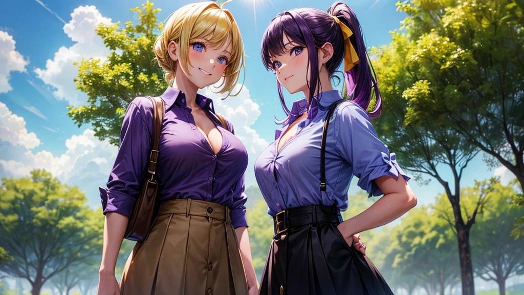 2girls, summer, village, trees, sun, clouds, ((colorful hair)), ponytail, large breasts, button down, blue eyes, ((purple shirt)), ((unbuttoned shirt)), unbuttoning buttons, popping buttons, ((short sleeved shirt)), black mini skirt, brown shoes, grin, looking at the viewer, standing, hair ribbon, cleavage, golden necklate