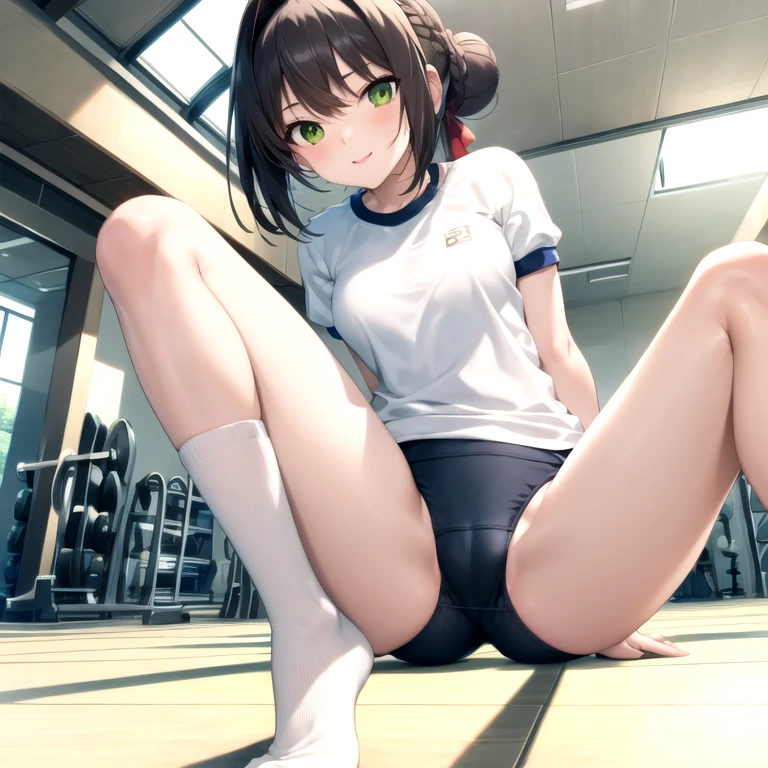 braid, buruma, french braid, gym shirt, gym uniform, hair bun, headband, official alternate costume, red buruma, red headband, single hair bun, nero, ahoge, blonde hair, (green eyes:1.5), hair between eyes, hair intakes, Anime girl sitting cross-legged on the floor, Beautiful anime girl squatting, anime girl squatting, seductive anime girl, Smooth anime CG art, Sex anime style, anime moe art style, Sex, surreal , beautiful anime high school girl, anime best girl