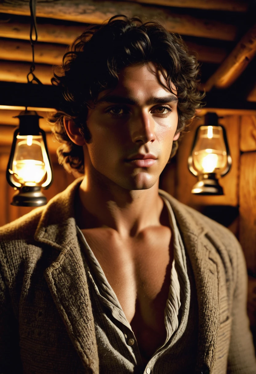 (highly detailed, soft light, photorealistic, dynamic light; cinematic); victorian era; 1820s; 24 years old man; Greek; 1820s Anglican priest; incredibly attractive; dark and brooding; masculine yet beautiful; helpless longing stare; confused expression; Adonis; moody; intense; hooked Greek nose; sensual; amorous air; very attractive; lean figure; olive skin; stubble; hazel-green eyes; thick strong dark-brown eyebrows; long full sideburns; 1820s brown woolen work clothes, unbuttoned; naked chest with some dark-brown body hair; short tousled dark-brown wavy hair; full luscious moist lips, parted; mouth slightly open; standing in a cosy 1820's log cabin with oil lamps in the background; looking at camera