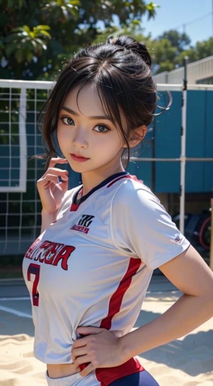 (Close-up:1.4)、(RAW photo:1.2)、(Photoreal:1.4)、(masterpiece:1.3)、(highest quality:1.4)、(beautiful woman with perfect body:1.4)、young japanese woman、solo、(cute:1.2)、(full body shot)、(medium breasts:1.3)、beautiful breasts、A smile full of happiness、(Separate volleyball sexy uniform:1.3)、(beautiful detailed eyes)、(charming big eyes)、(beautiful double eyelids)、(Beautiful and dense face)、(short hair:1.2)、(beautiful little ass)、sweating、excited look、volleyball player、cowboy shot、volleyball in hand、look back、beach volleyball、volleyball court、sexy pose、21 years old, 7 years old, beautiful woman