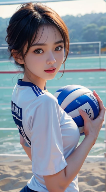 ((fully clothed))high res, masterpiece,Kenma Kozume, ((female,)) ((women), black_hair (blonde_hair) looking_to_the_side male_focus multicolored_hair,solo sportswear sweat sweatdrop twitter_username tying_hair upper_body volleyball_uniform yellow_eyes, detailed background, bright,volleyball court, outside,blue sky, woods,