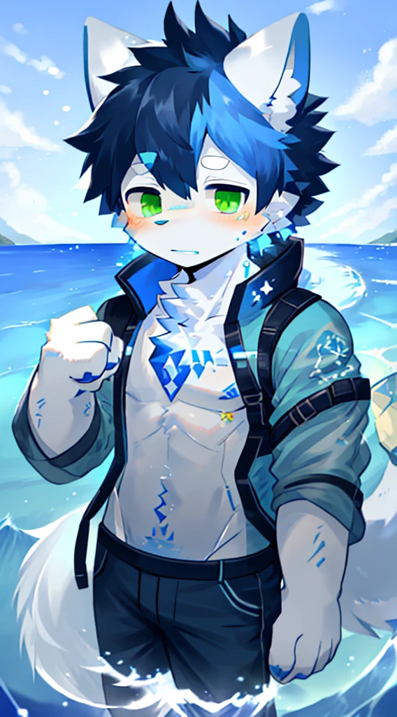 the only person,hairy,human biology,Male white wolf,gray fur,Haio,White ear bleeding - green eye tissue,male,(The hairy feeling of animal earull bodyesbian,blue dye,Tide suit,trendy pants,blue tattoo, crystal tattoo,wave tattoo,Four fingers