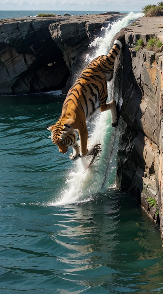 A tiger dive into sea from cliff