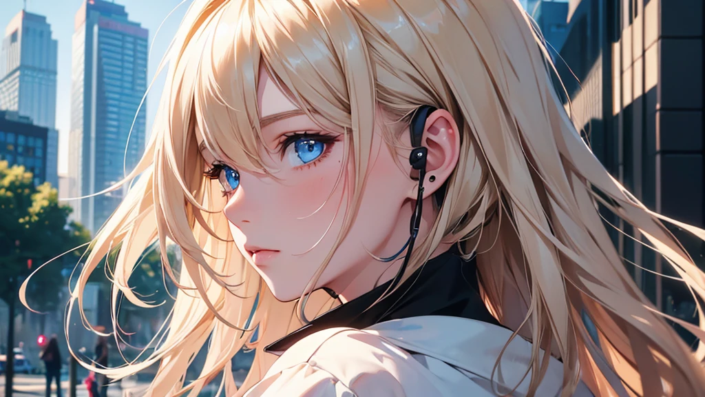 (masterpiece), (best quality, High resolution, Very detailed, illustration), 1 girl, alone, City, contemporary, Profile picture close-up, Blonde beige long hair, Gradient watercolor hair tail, phantom blue eyes, beautiful and delicate eyes, super detailed eyes, perfect eyes, perfect face, Super fine facial details, random expression, squat, earphone, 8K, Popular topics on ArtStation, Recommended on pixiv