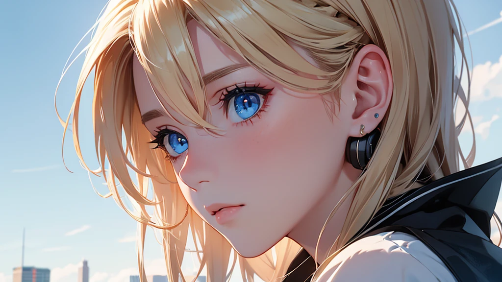(masterpiece), (best quality, High resolution, Very detailed, illustration), 1 girl, alone, City, contemporary, Profile picture close-up, Blonde beige long hair, Gradient watercolor hair tail, phantom blue eyes, beautiful and delicate eyes, super detailed eyes, perfect eyes, perfect face, Super fine facial details, random expression, squat, earphone, 8K, Popular topics on ArtStation, Recommended on pixiv