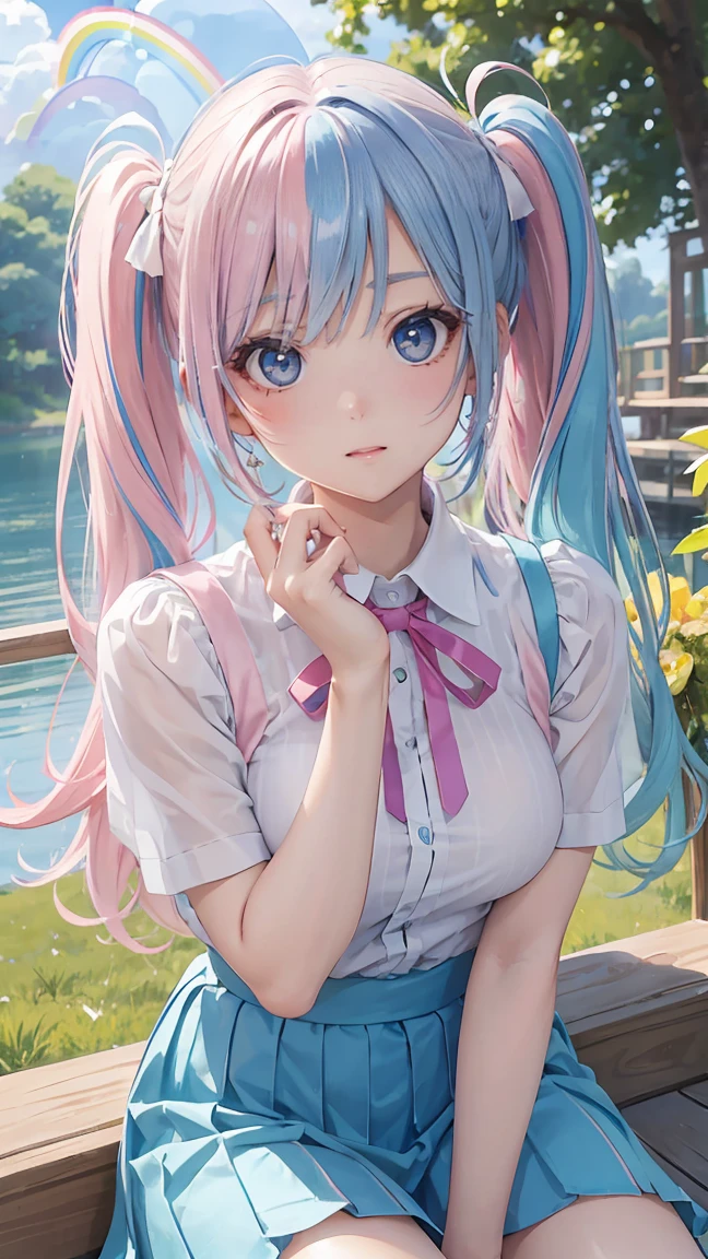 (masterpiece:1.2), (highest quality:1.2),, Curvy but slender body, perfect eyes, perfect face, perfect lighting, 1 girl,(rainbow colored hair, colorful hair, Half blue、half pink hair: 1.2),  in the garden, （shirt），（whole bodyが見える），（Transparent sexy clothes、striped skirt），curly hair, Clothes with short sleeves, 、on the boat、, compensate, eye shadow, small breasts、thick eyelashes, fantasy, looking at the viewer, whole body，alice in wonderland、blue sky、Bright and beautiful face、young shiny glossy white shiny skin、the best beauty、the most beautiful in the world、thin hair、long hair、Shining beautiful bangs、big shining blue eyes、very beautiful and lovely 8 , the most beautiful girl in the world、twin tails、Silver glasses