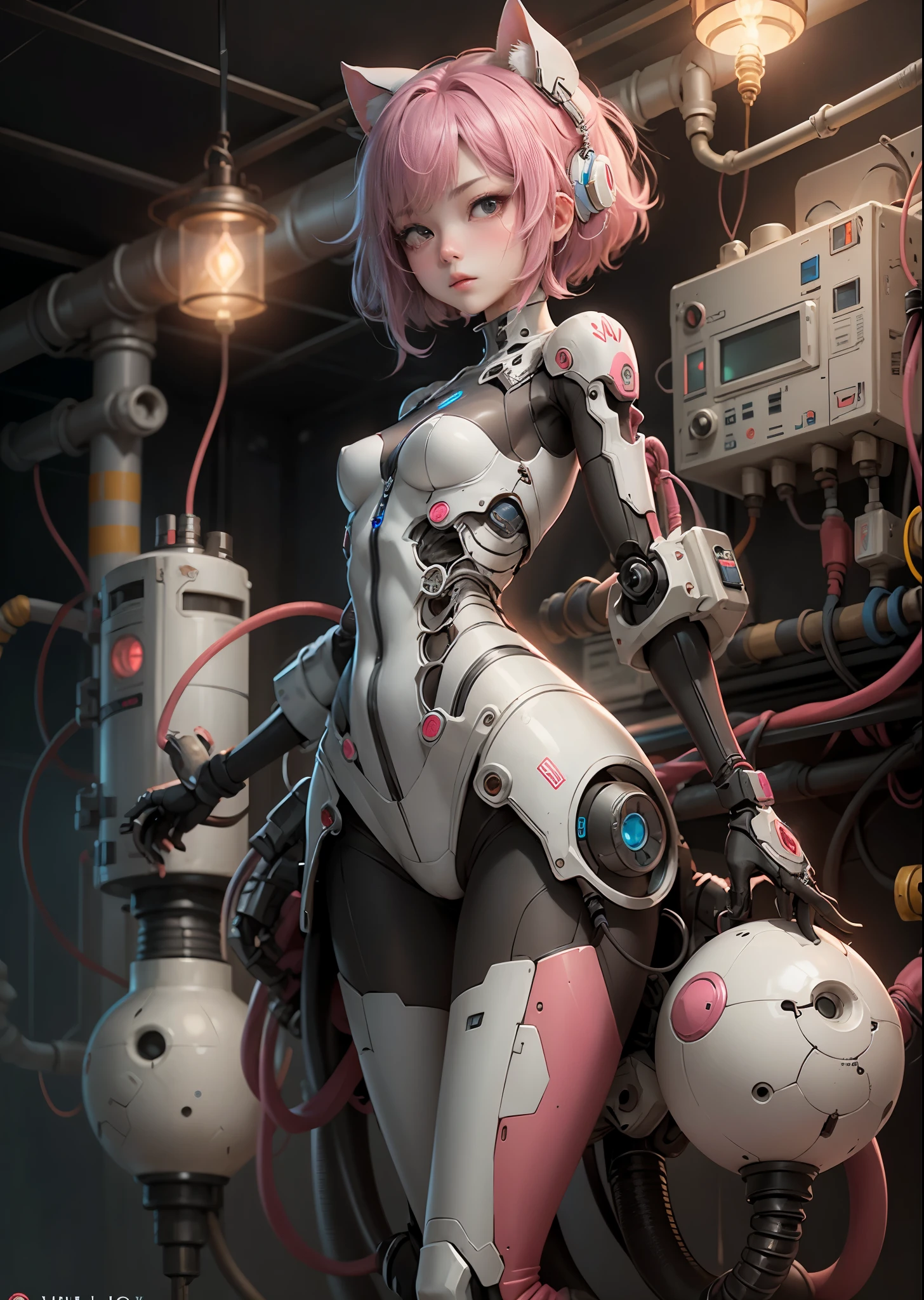 woman with old robot body、（one woman）、30 years old、One arm is open and the parts inside are visible.、White carbon fiber skeleton with oil stains、（Pink Shorthair:1.5）、The main body consists of a small control motor, cylinder and pipe、voluminous chest、Connect your body to the control panel with cables and tubeovie lighting、Many pilot lights are lit、（The entire area is occupied by a control panel:1.3）、