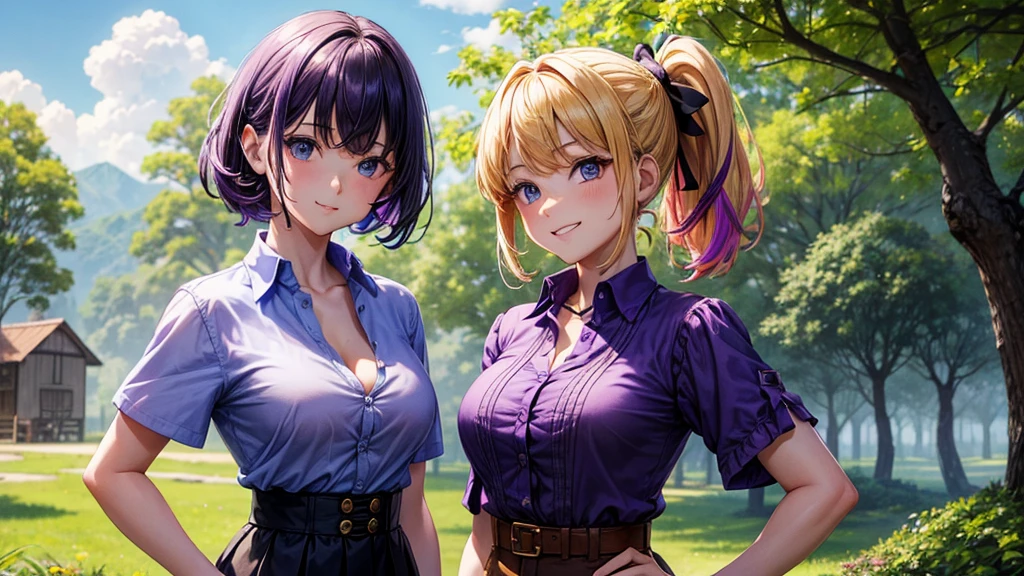 2girls, summer, village, trees, sun, clouds, ((colorful hair)), ponytail, large breasts, button down, blue eyes, ((purple shirt)), ((unbuttoned shirt)), unbuttoning buttons, popping buttons, ((short sleeved shirt)), black mini skirt, brown shoes, grin, looking at the viewer, standing, hair ribbon, cleavage, golden necklate