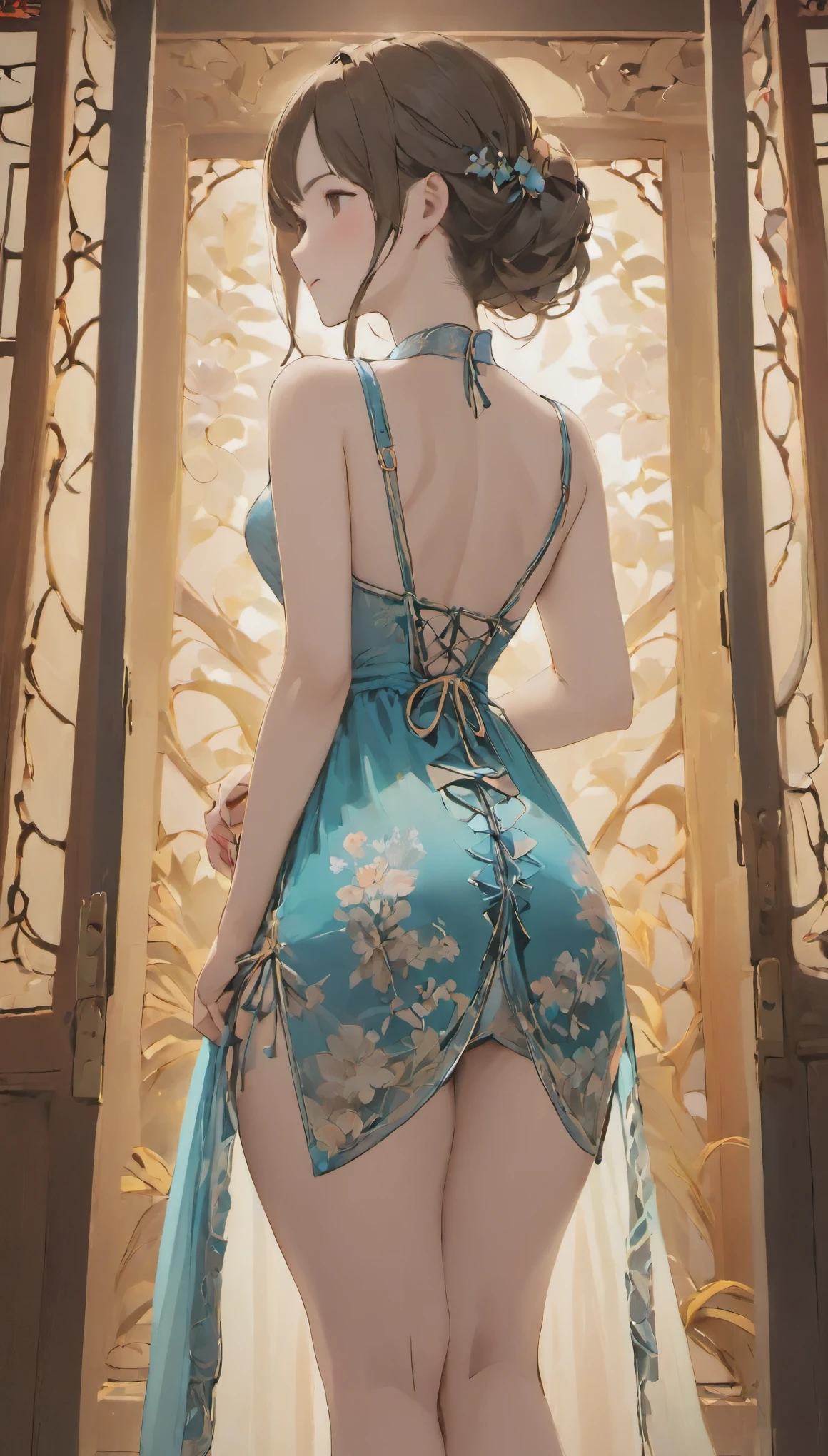 High resolution, adult woman , good lighting, despicable,back view、魅力的なbutt、butt , (No nudity), (((China dress))), (()), ((())), (garter belt), abdomen only, (), , cute face, I'Iは恥ずかしくて赤面します, humiliating, ((look back)), ((See-through))()(T-back)(A large amount of material is attached to the body,)