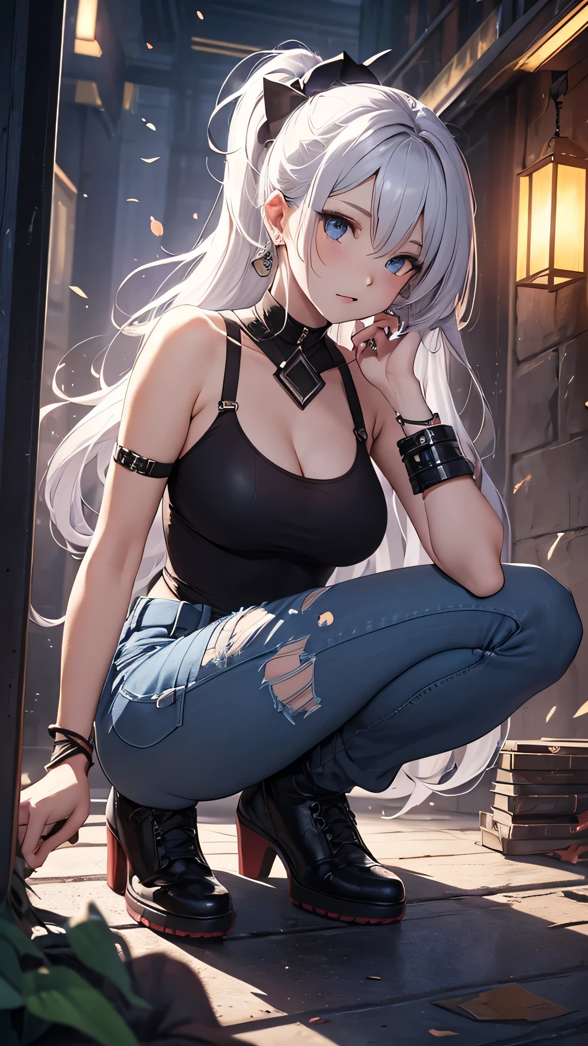 最high quality、best image quality、masterpiece、girl((18-year-old、 By becoming、vest bust、medium bust,wide open breast tea、shining eyes, silver hair、ponytail、long hair、thin,highest valley、white tank top、blue pants、Wristband、Holding a handgun、ruby earrings、squat、hold a gun)),high quality、beautiful art、background((Dark Research Facility、broken wall、warning mark、electricity))、Flight、debris flies、Depth of written boundary、movie、visual art、perfect art、8K,genuine、