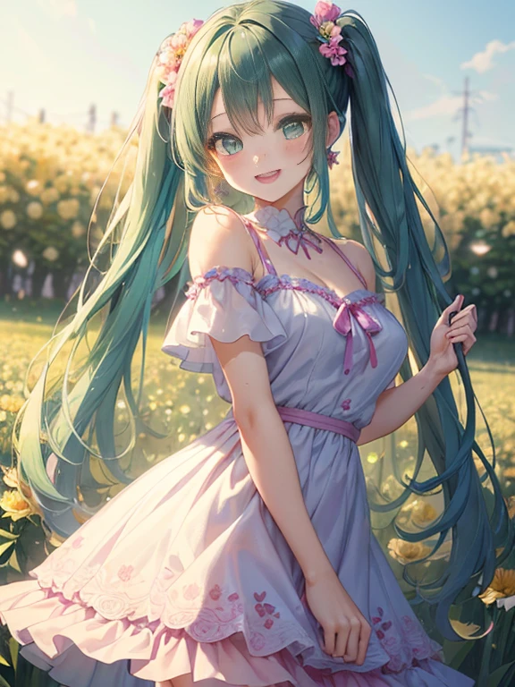 眼鏡のをしている小さなgirl、The arrival of spring、big butt、 (alone:1.5,)Super detailed,bright colors, very beautiful detailed anime face and eyes, look straight, ;d, shiny_skin,girl, (Green Long Hair,Inner color is red 、forehead is exposed.、green eyes、、shiny hair, delicate beautiful face, blush、(turquoise eyes), White skin, Valletta, earrings,、blue flower field、(((floral pink ruffle dress、purple mini skirt)))、twin tails、smile、happy face、face dyed red