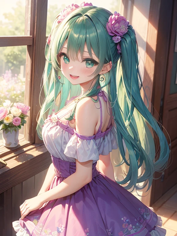 眼鏡のをしている小さなgirl、The arrival of spring、big 、 (alone:1.5,)Super detailed,bright colors, very beautiful detailed anime face and eyes, look straight, ;d, shiny_skin,girl, (Green Long Hair,Inner color is red 、forehead is .、green eyes、、shiny hair, delicate beautiful face, blush、(turquoise eyes), White skin, Valletta, earrings,、blue flower field、(((floral pink ruffle dress、purple )))、twin tails、smile、happy face、face dyed red