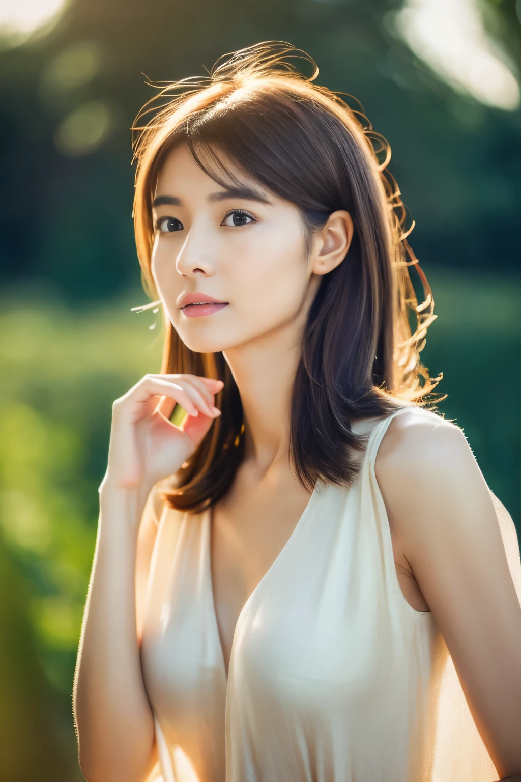 masterpiece, Best Quality, 8K, 1girl, Correct human hands, correct human fingers, Skinny Japanese woman, 40 years old, Cute, Girly, Delicate woman, Neat and clean beauty, small breast, very thin waist, sexy lips, luminescence, Looking away, Raw photo, F/1.8, 135 mm, CANON, Anatomically correct, bokeh,Textured skin, Professional Photography, Soft light, Professional Lighting, back light, Film grain, (Eyes and faces with detailed:1.0), brown hair, medium hair swaying in the wind, Silk Blouse,