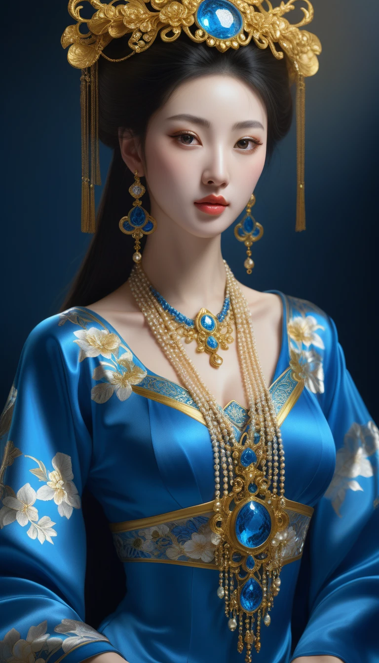 araffe wearing a blue dress and a blue hat with gold decorations, a photorealistic painting by Huang Guangjian, cgsociety, cloisonnism, jingna zhang, beautiful render of tang dynasty, unreal engine render + a goddess