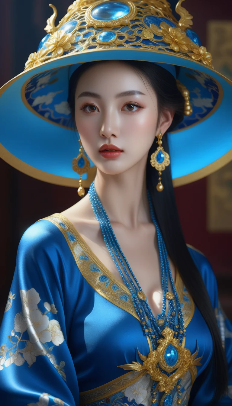 araffe wearing a blue dress and a blue hat with gold decorations, a photorealistic painting by Huang Guangjian, cgsociety, cloisonnism, jingna zhang, beautiful render of tang dynasty, unreal engine render + a goddess