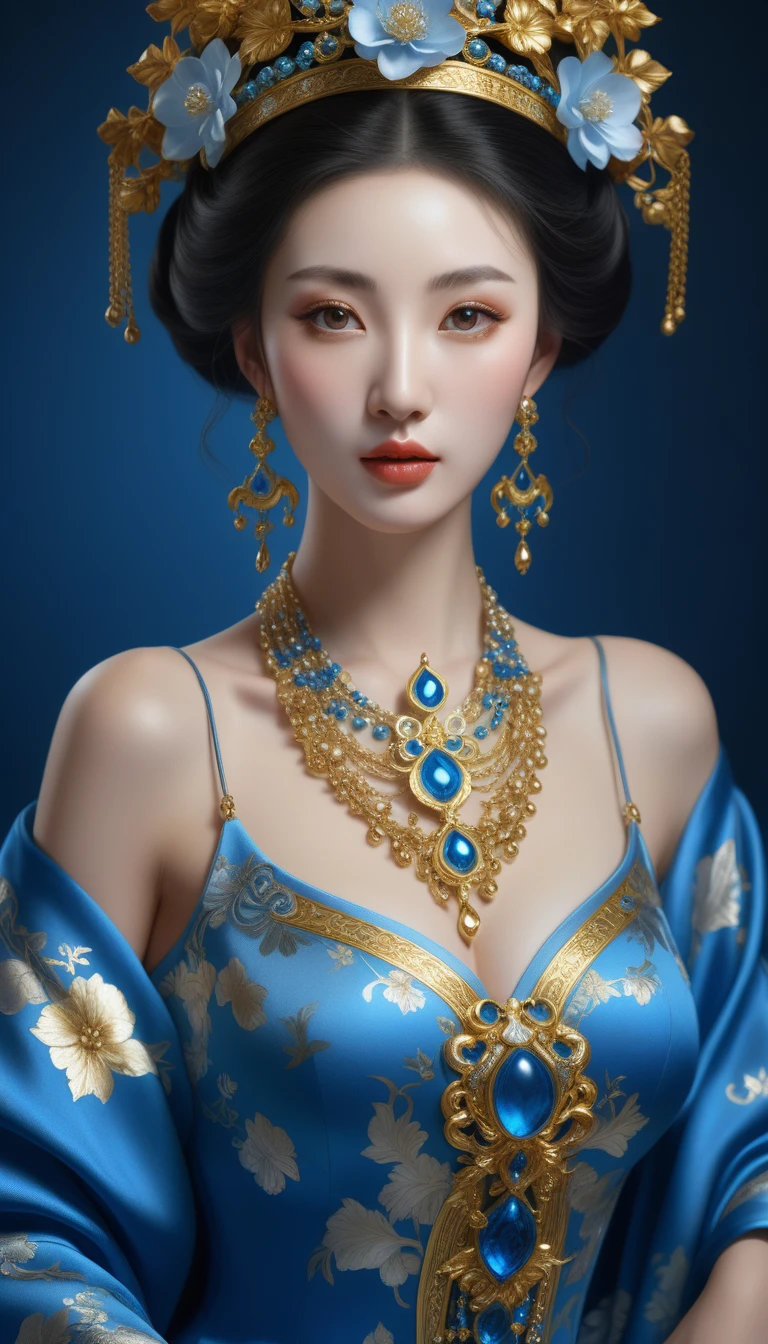 araffe wearing a blue dress and a blue hat with gold decorations, a photorealistic painting by Huang Guangjian, cgsociety, cloisonnism, jingna zhang, beautiful render of tang dynasty, unreal engine render + a goddess