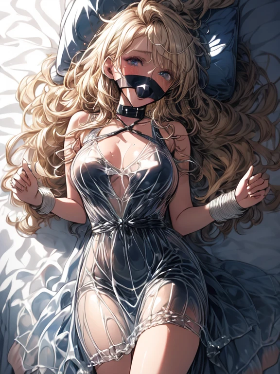 belle femme portant un (dripping dress'eau transparente ondulante) in a Cartagena, Columbia,8K, chef-d'artwork, Very detailed, seulement,
(arrow shot, par le bas),
cheveux blond platine, blond girl, lie in bed, gagged, tied tightly with big ropes