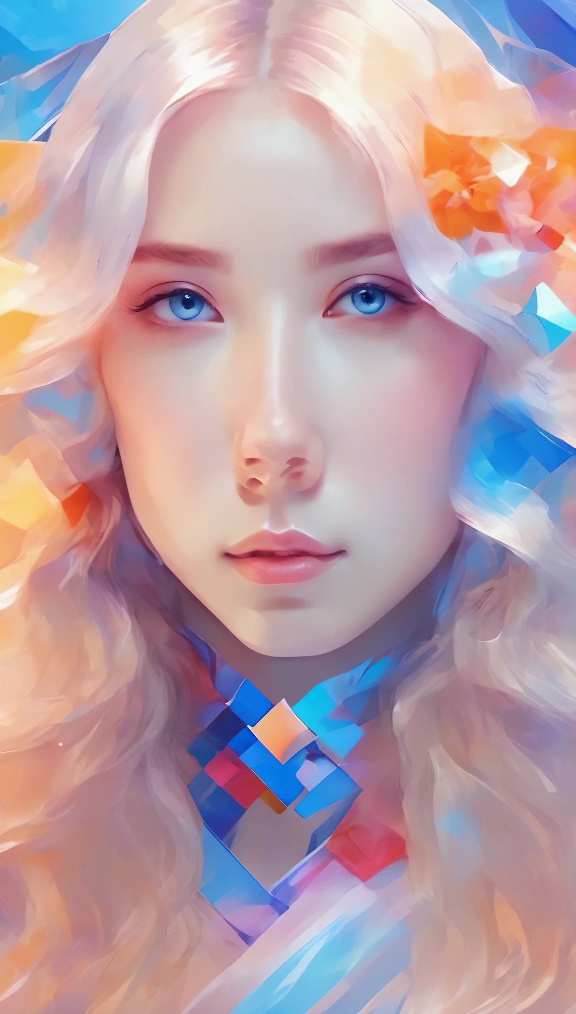 Seamless geometry，blank background，Geometric puzzle style，cute girl, shining eyes, ,  happiness，Lovely smile，flowing hair，Light blue geometric pattern yukata，周围有colorful geometric shapes，bright colors，Fireworks flashing in the background，colorful geometric shapes，eye-catching composition，abstract pattern，Geometric symmetry，Shocking visual impact，artistic interpretation，expressive brushstrokes，Translucent layer，Contrasting tones，Warm and cold light exposure，Ethereal and magical atmosphere，seductive and charming scene