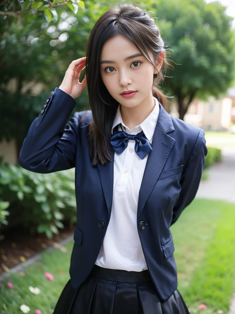 (masterpiece, highest quality:1.4), award-winning portraits, 8K, 85mm, alone, beautiful face, delicate girl, , (dark navy blazer jacket, turn your arms behind your back, close your face:1.2), dark navy skirt, long sleeve, violaces, gardenia, grace, Sophisticated, cute, teen, looking at the viewer, 15 years old, Raw photo, disorganized, HDR, sharp focus, A bow tie, background bokeh、(((flat 、thin and delicate body、A childish atmosphere)))、shiny semi-long hair、ponytail、Mole on the left cheek、large, round, dark blue eyes、(knee shot)、the skirt is swaying in the wind、((Uplifting、come running to me、hair waving in the wind))、