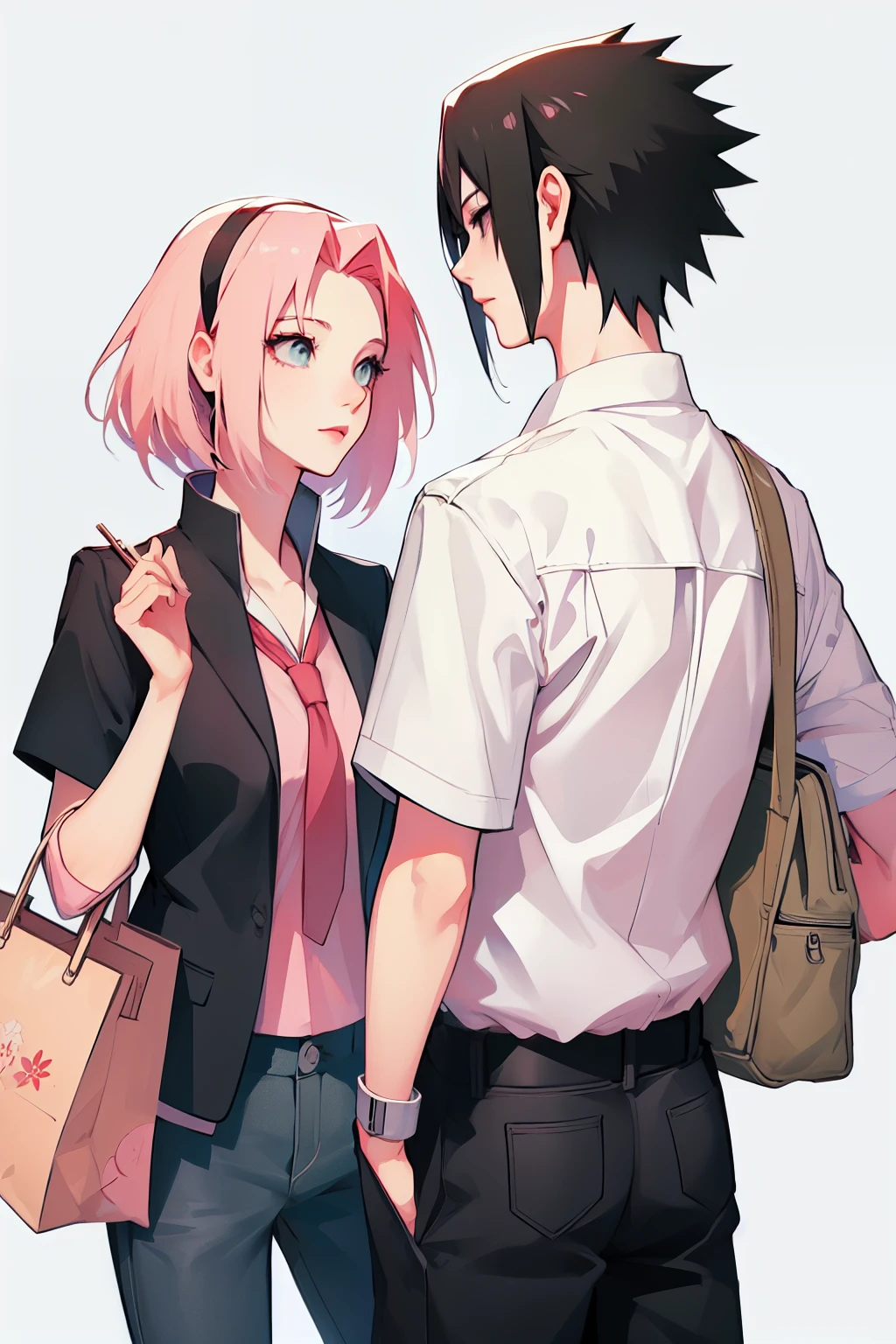 sasusaku. Sasuke Uchiha, tall man with black hair, wearing a white blouse and jeans, he holds a bag, he is a high school student. Sakura, a thin woman with pink hair, she is behind Sasuke, she is a rebellious . Film poster, drama, best quality