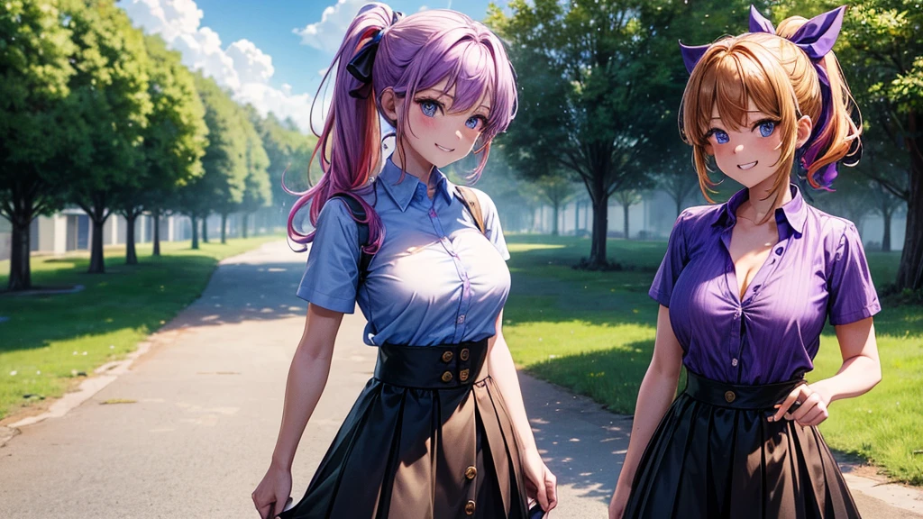2girls, summer, village, trees, sun, clouds, ((colorful hair)), ponytail, large breasts, button down, blue eyes, ((purple shirt)), ((unbuttoned shirt)), unbuttoning buttons, popping buttons, ((short sleeved shirt)), black mini skirt, brown shoes, grin, looking at the viewer, standing, hair ribbon, cleavage, golden necklate