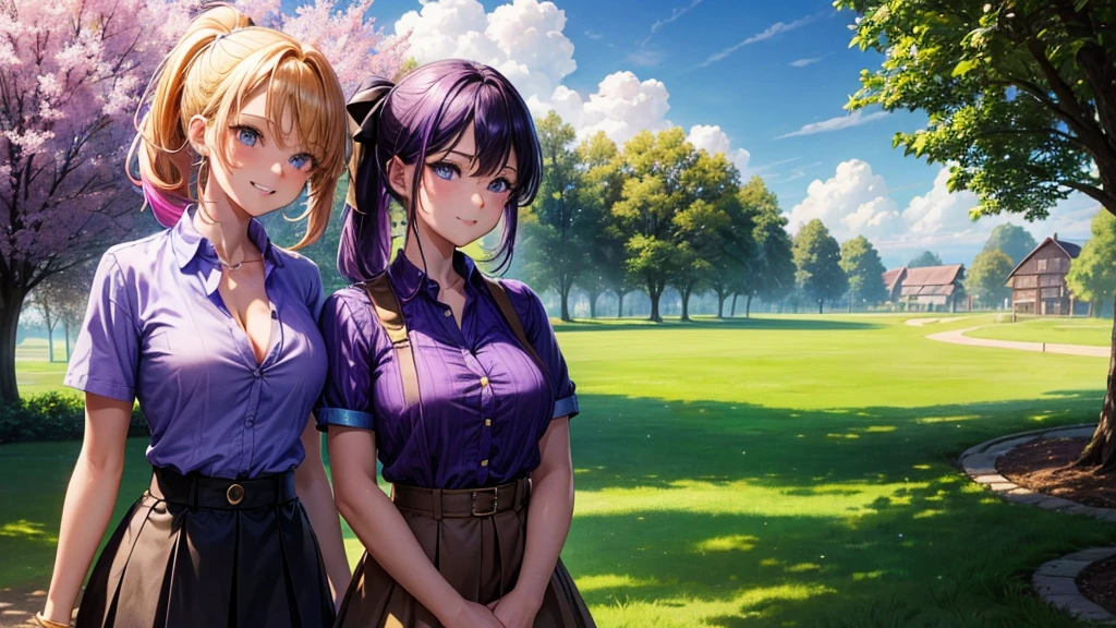 2girls, summer, village, trees, sun, clouds, ((colorful hair)), ponytail, large breasts, button down, blue eyes, ((purple shirt)), ((unbuttoned shirt)), unbuttoning buttons, popping buttons, ((short sleeved shirt)), black mini skirt, brown shoes, grin, looking at the viewer, standing, hair ribbon, cleavage, golden necklate