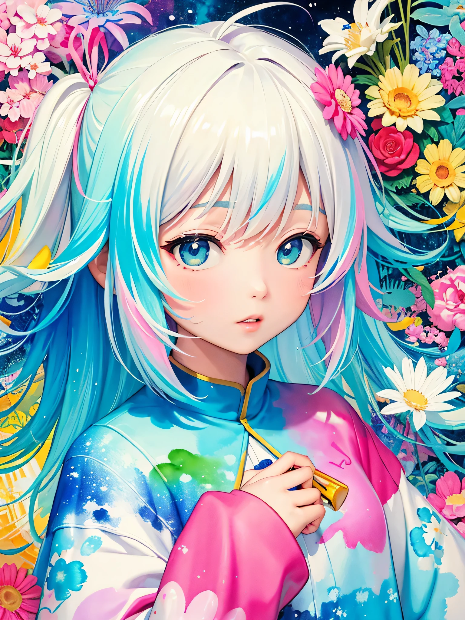 Akira Toriyama style、style、8K quality, Kawaii Design, intense watercolor, watercolor detailed art, watercolor splash, surreal, avant-garde pop art, Beautiful and expressive paintings, Beautiful artwork illustration, very colorful tones, wonderful, cool beauty, highest quality,official art, vector art,stylish design, (((pretty girl))), (((highest quality))), HDR, ((Detailed details)), (((graffiti art))), ((masterpiece))、((Super detailed))、(((Streets of the city of the future)))