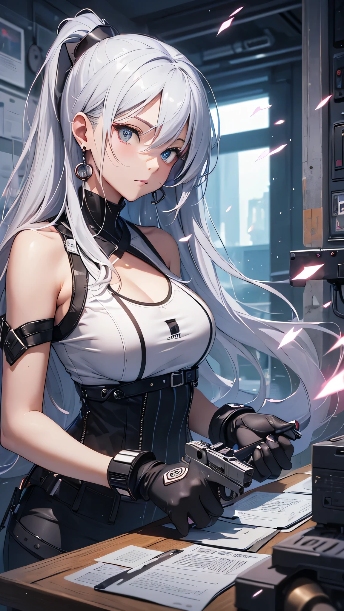 最high quality、best image quality、masterpiece、girl((18-year-old、 By becoming、vest bust、medium bust,wide open breast tea、shining eyes, silver hair、ponytail、long hair、thin,highest valley、white tank top、blue pants、Wristband、Holding a handgun、ruby earrings、squat、hold a gun)),high quality、beautiful art、background((Dark Research Facility、broken wall、warning mark、electricity))、Flight、debris flies、Depth of written boundary、movie、visual art、perfect art、8K,genuine、