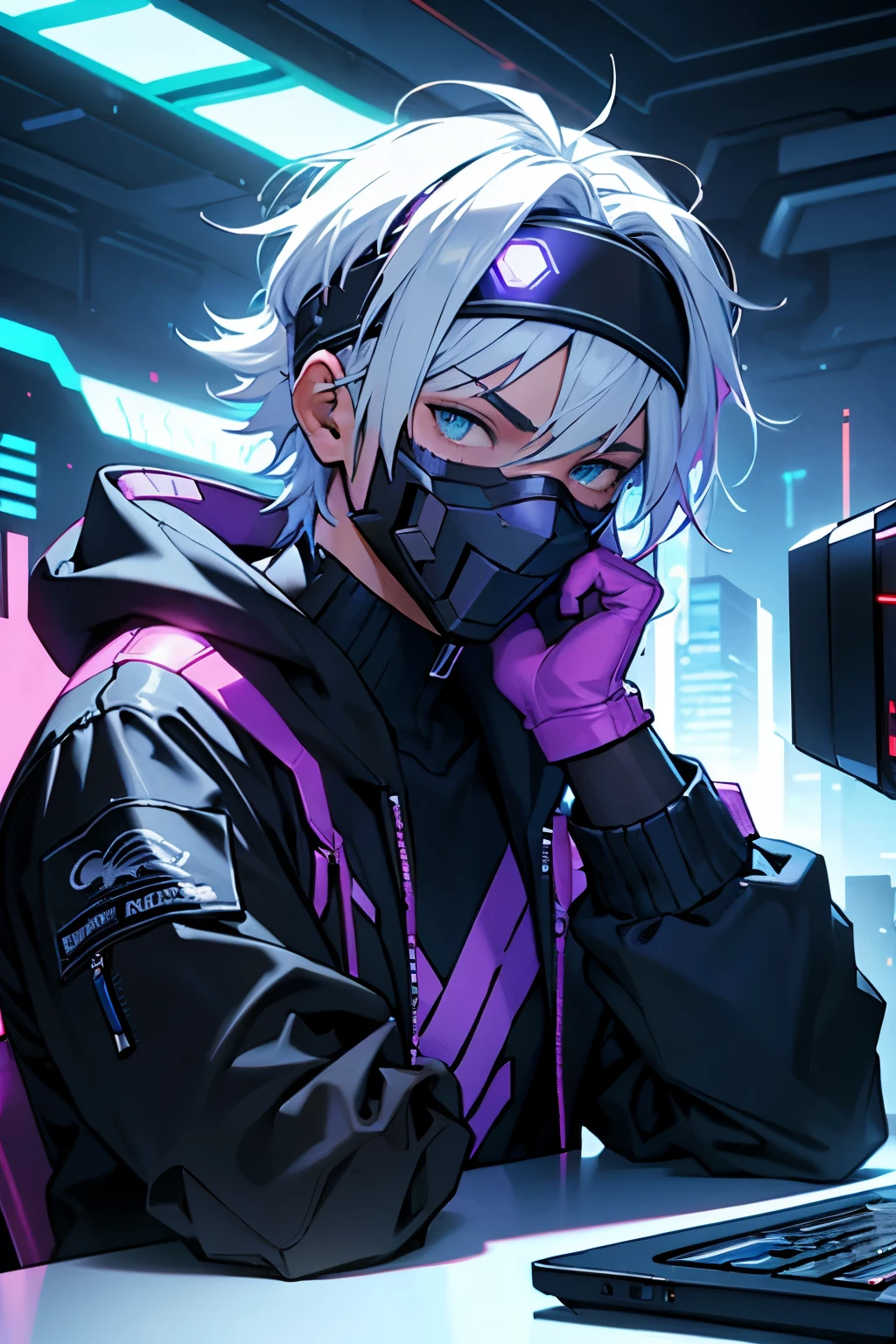  (Amazing scene) hooded boy wearing LED cyber mask with medium hair with white hairband in his hair on a table as if he were on a podcast camera positioned below the shoulder line and the boy with a gloved hand on his chin and background of a cyber punk cyber city