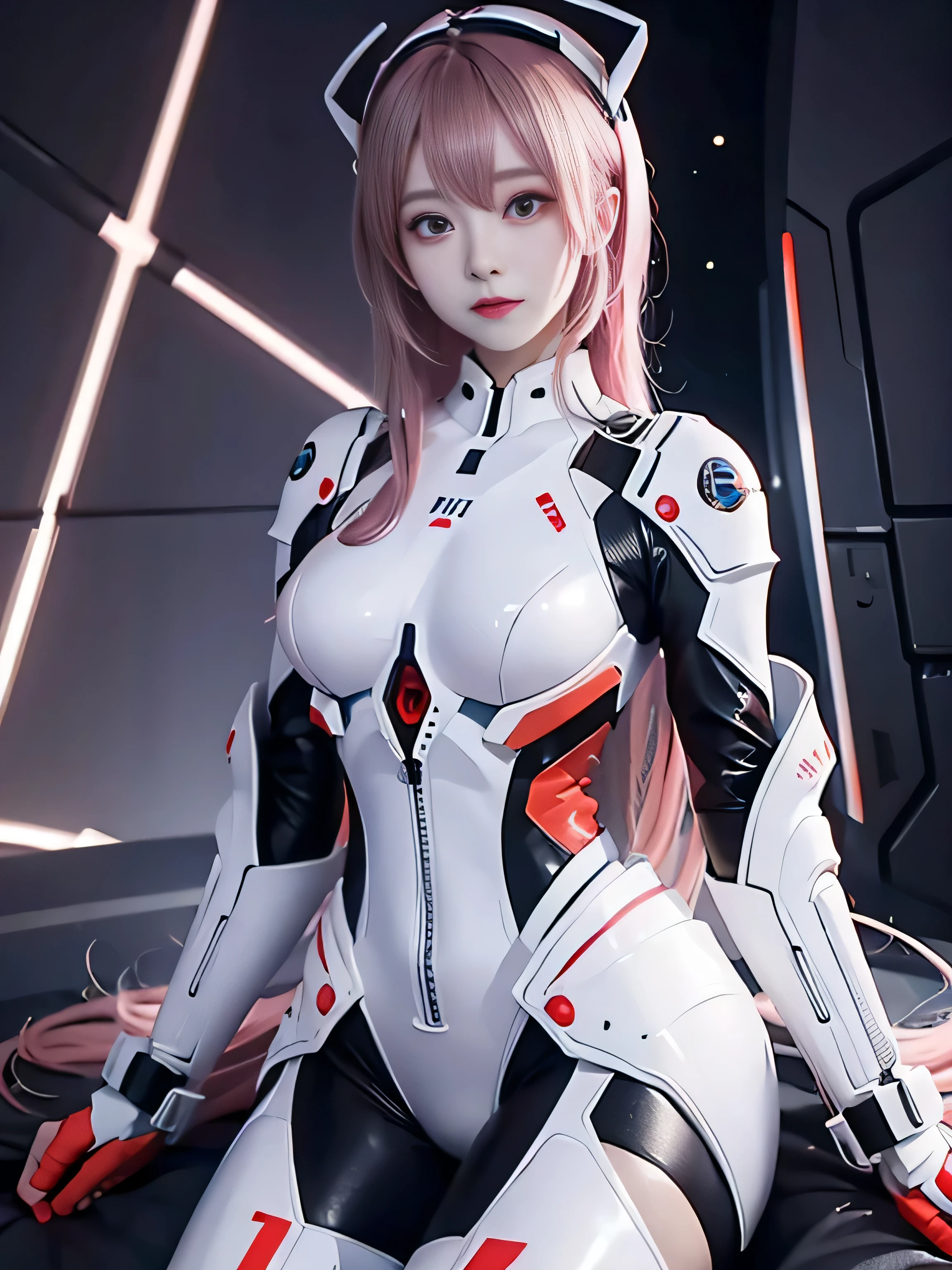 (8K, highest quality, masterpiece:1.2),Advanced detailing,masterpiece,Super detailed,alone,1 woman in law,(white ofbackground:1.5),(delicated eye),Plugsuit, 1 woman in law, star_\(null\), short hair, starnull_null, bodysuit, ayanami_king, alone, night_null, redhead_eye, redhead_background, chest, white and pink_bodysuit, pilot_suit, Lance_of_longinus, bangs, light_particle, interface_headset, souryuu_Asuka_langley,full body, 白 hair,